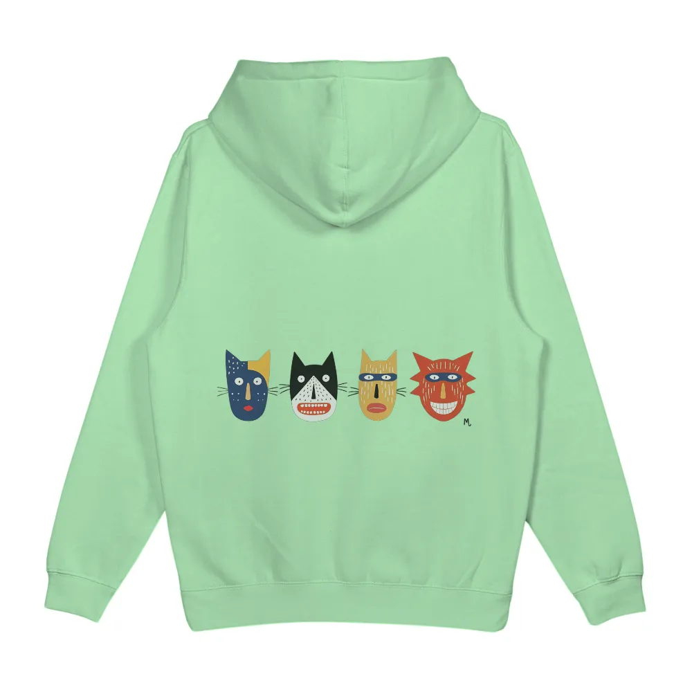 Tee Shirt Printing: Whimsical Cat Faces - Artistic & Playful Design|Blue and yellow cat face