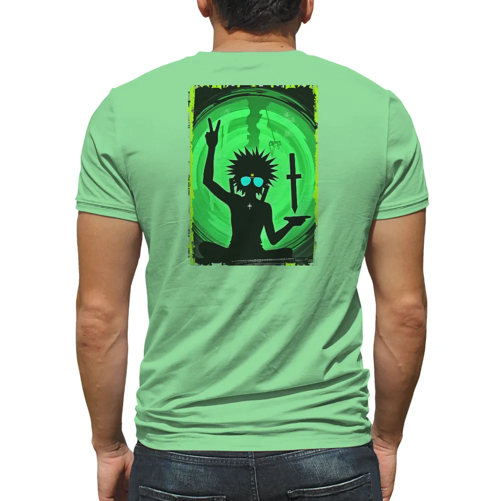 Shirts Graphic Tees | Rebel Spirit with Peace & Cross Symbols| swirling green background