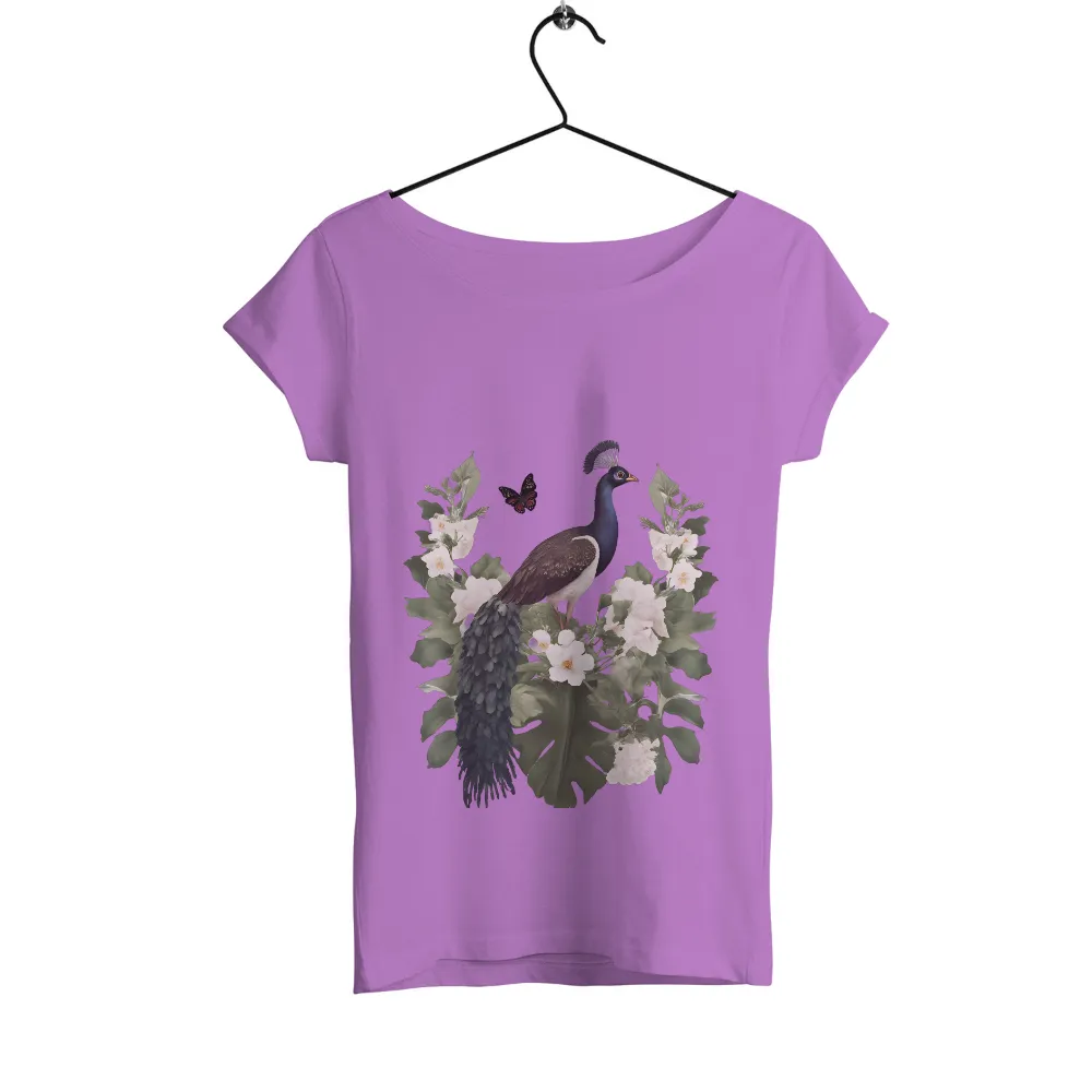 T-Shirt Printing: Majestic Peacock Amidst White Flowers and Green Leaves|roblox t shirt aesthetic butterfly