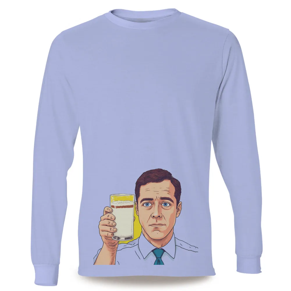 Customized Tee Shirts: Serious Man Drinking Milk - Daily Routines and Hidden Stories| serious expression