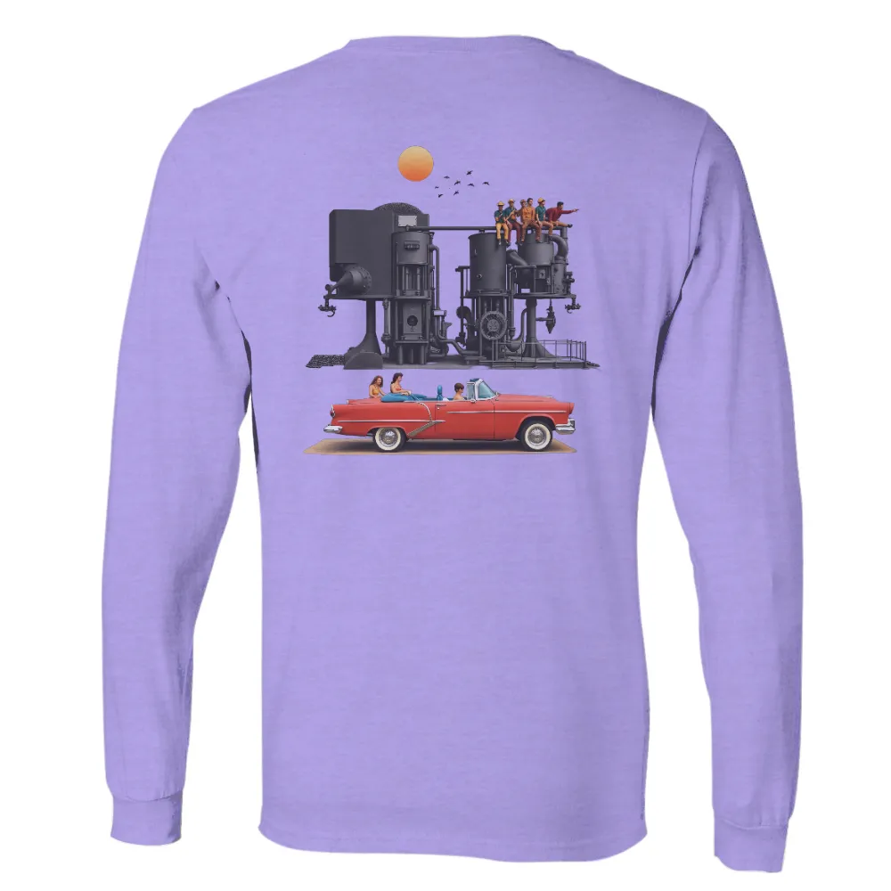 Tee Shirts Printed: Vintage Nostalgia - Work and Play|Workers sitting on an industrial machine