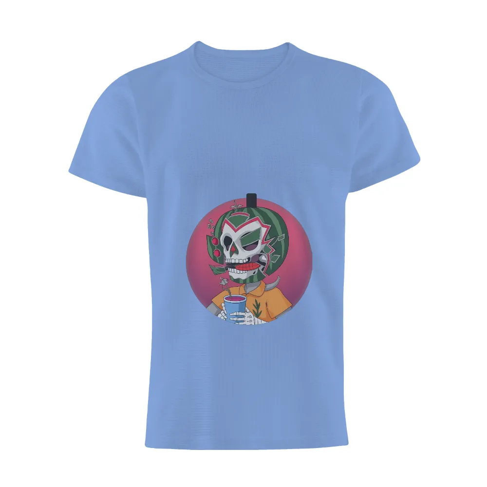 T-Shirts Design: Quirky Skeleton with Watermelon Head| luchador mask on skeleton