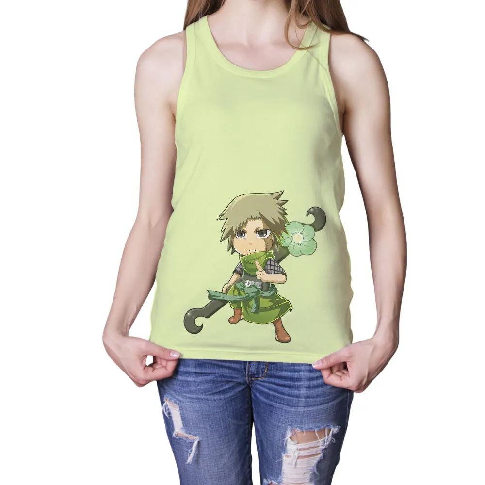 T-Shirts Pattern: Kaze's Journey - Anime Ninja with Green Outfit and Hammer|men lime green graphic tee