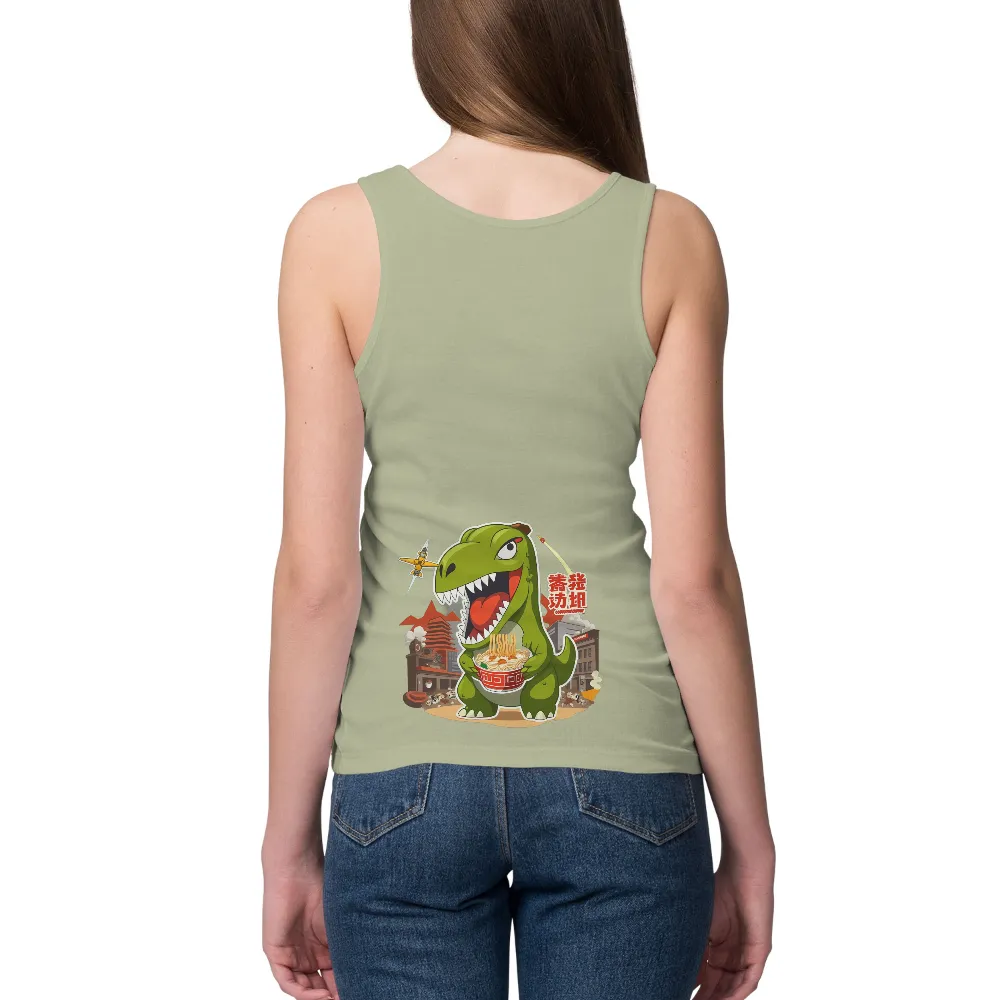 T-Shirts Pattern: T-Rex Loves Ramen - Funny & Quirky Design| vibrant cityscape