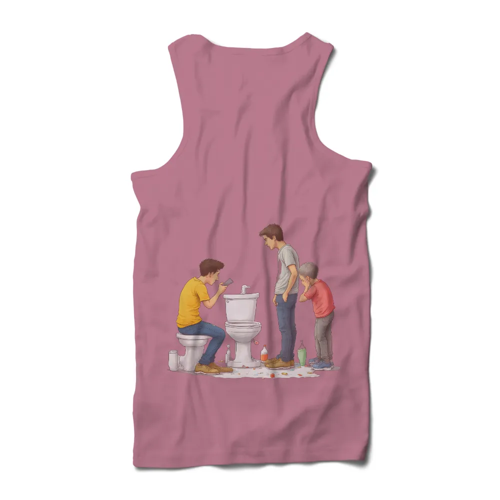 TShirt Design: Everyday Humor in Modern Life|Three friends in a bathroom