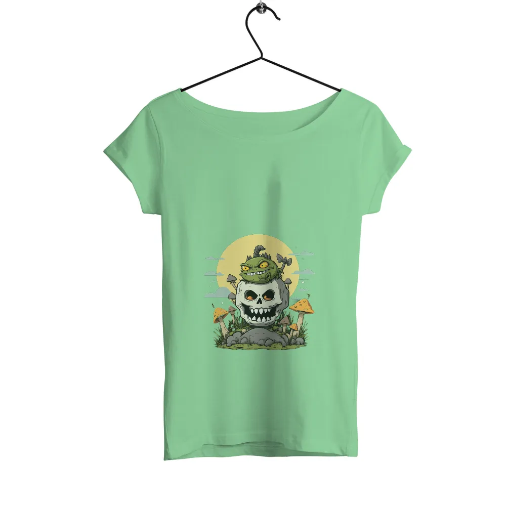 TShirt Design: Whimsical Skull and Green Creature in the Forest|skull roblox t shirt