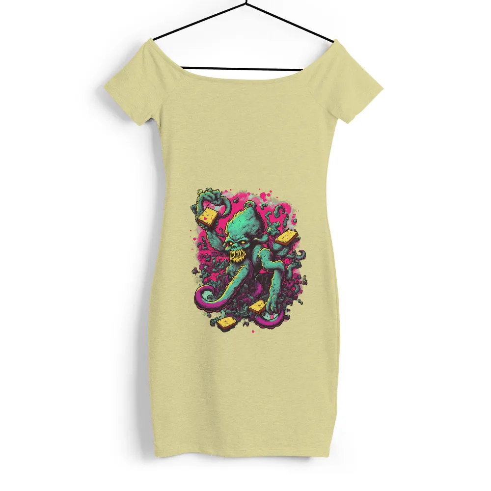 Tee Shirts Printed: Cthulhu Meets SpongeBob - Surreal Horror Pop Culture Design| dark and menacing figure