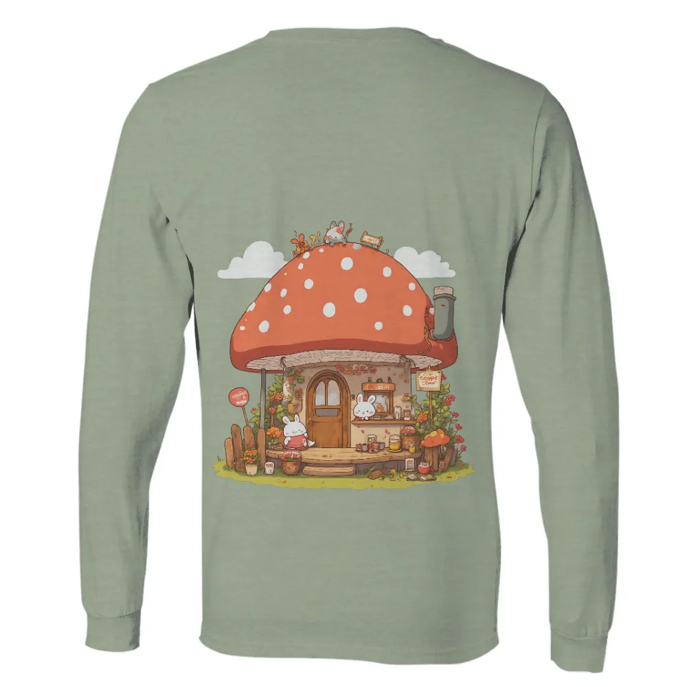 T-Shirts Design: Whimsical Mushroom House Café|Whimsical mushroom house