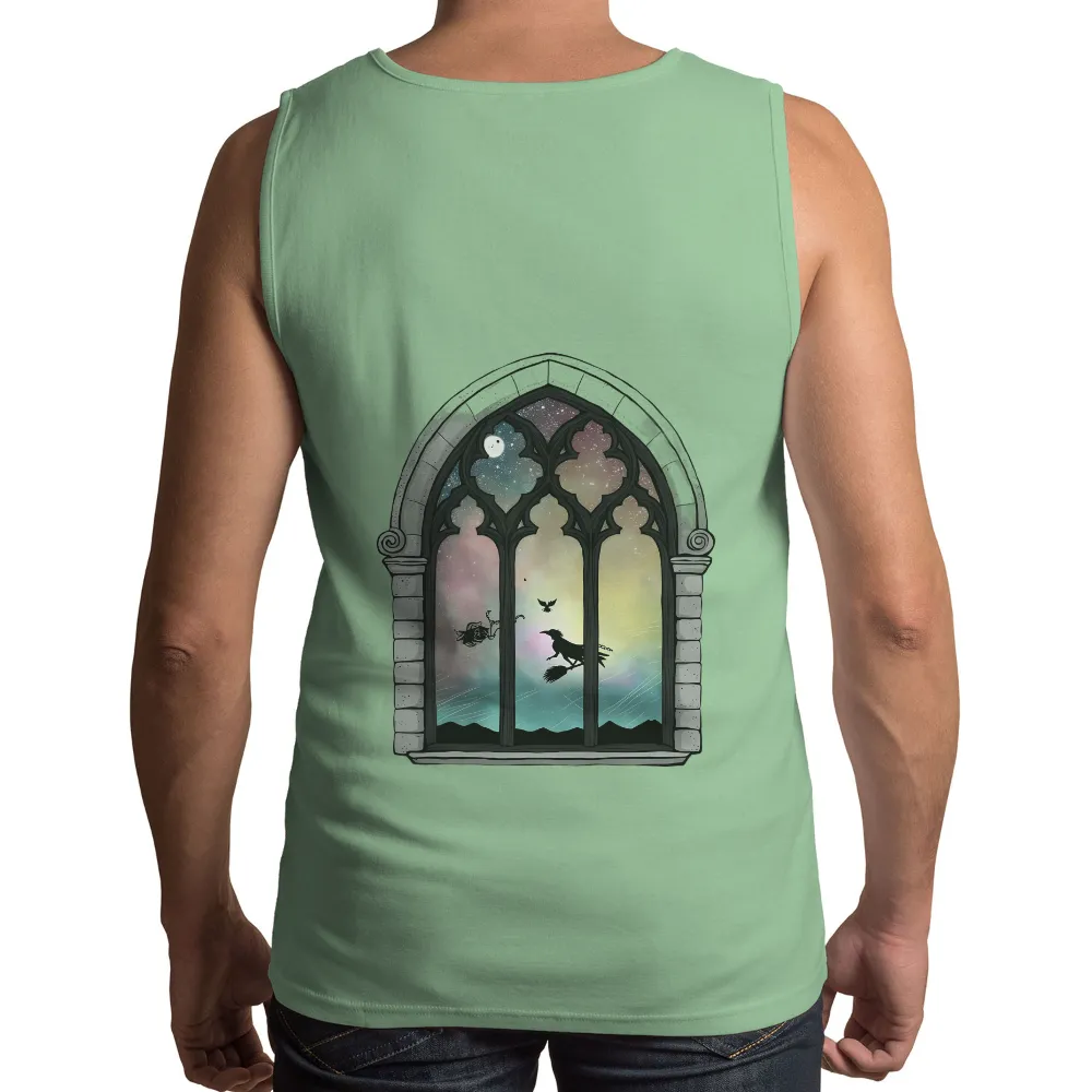 Custom T-Shirt Printing: Enchanted Gothic Window with Witch and Celestial Sky| starry night sky