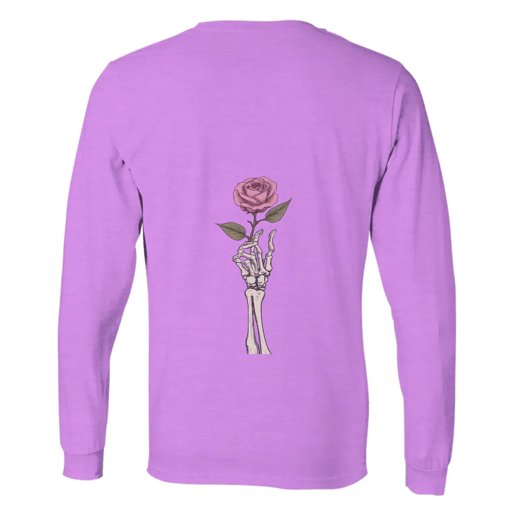 Custom Tee Shirts: Skeletal Hand Holding Pink Rose - Artistic Contrast