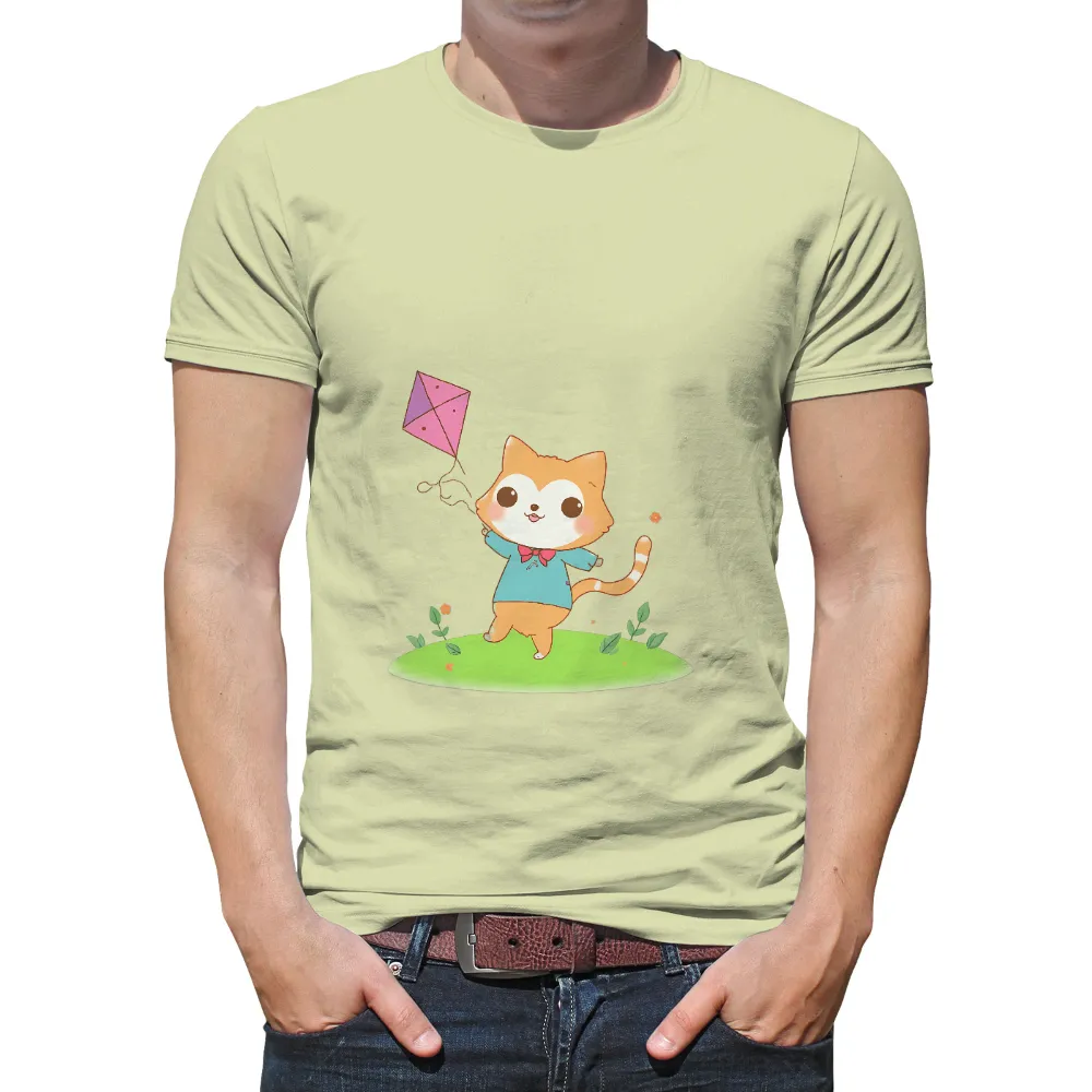 T-Shirt Printing: Whiskers' Joyful Kite Adventure| Whiskers with a pink bow tie