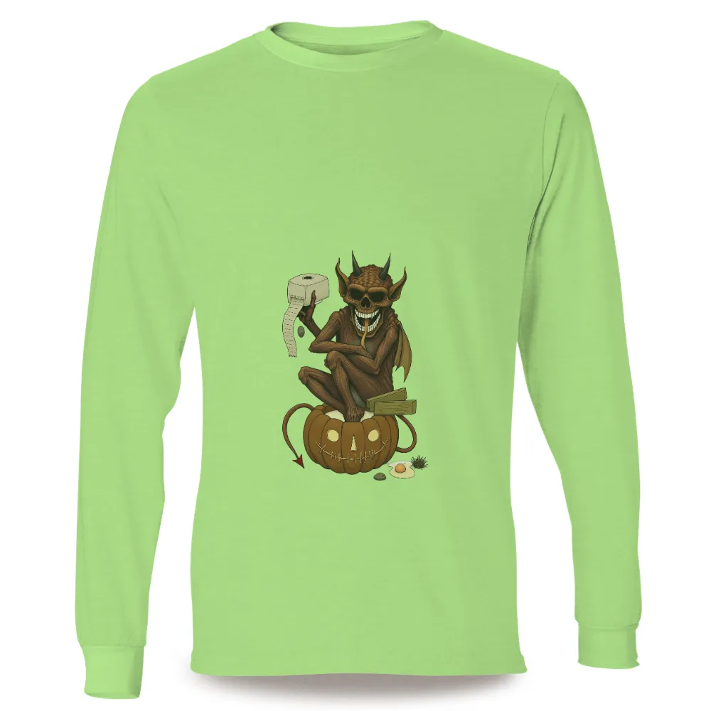 Custom T-Shirt Printing: Spooky Demon on Carved Pumpkin for Halloween|Demon sitting on carved pumpkin