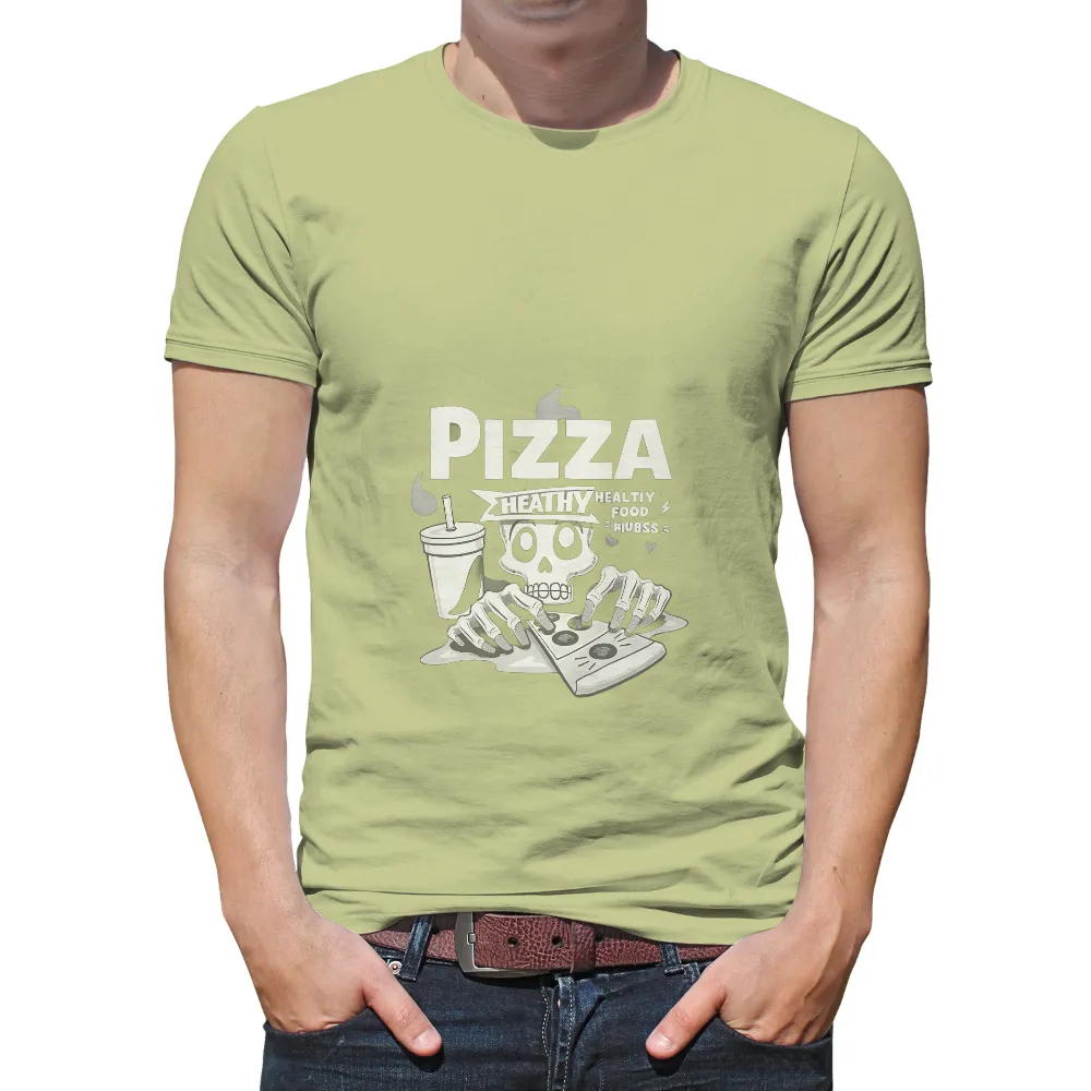 Tee Shirts Printed: Skeleton Pizza Love - Funny Food Tees| Wide-eyed skeleton