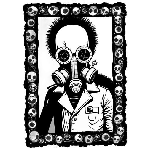 Graphic Tees: Dark Cyberpunk Figure with Gas Mask and Skulls