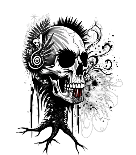 Customized Tee Shirts: Monochrome Skull with Feathers and Roots