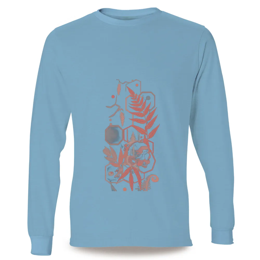 T-Shirts Pattern: Nature's Harmony with Geometric Skull Design|Skull surrounded by ferns and feathers