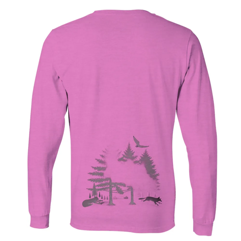 Tee Shirts Printed: Forest Harmony | Wolves, Cabin & Owl| A small cabin nestled between trees