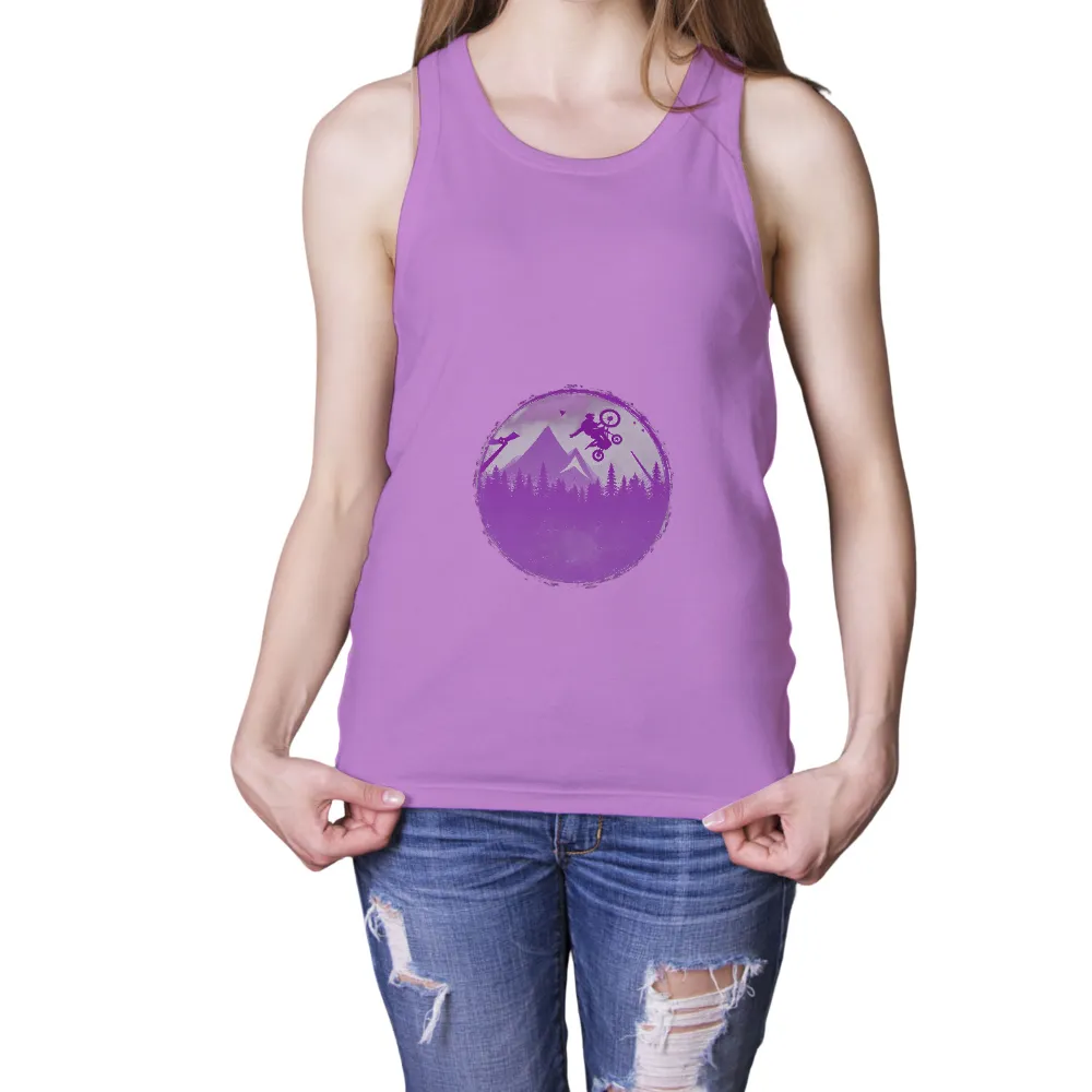 TShirt Design: Mountain Biking Adventure in Purple|Mountain biker in mid-air