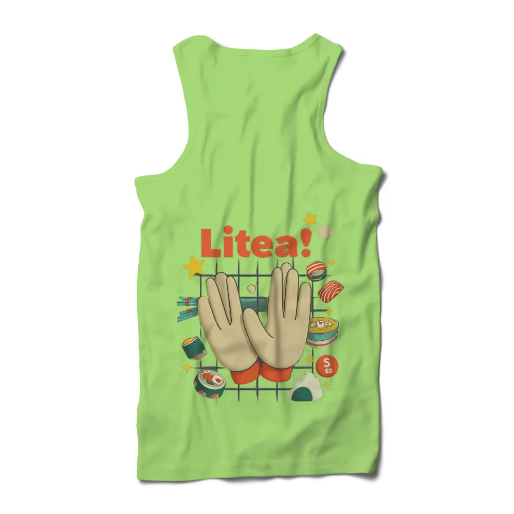 T-Shirt Printing: Litea! - Japanese Food & Cultural Symbols|Pair of hands