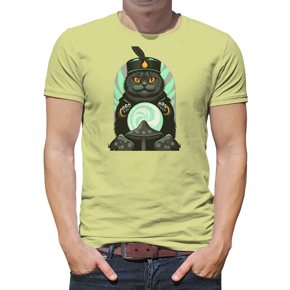 Graphic Tees: Enchanted Black Cat with Crystal Ball| Mystical forest background