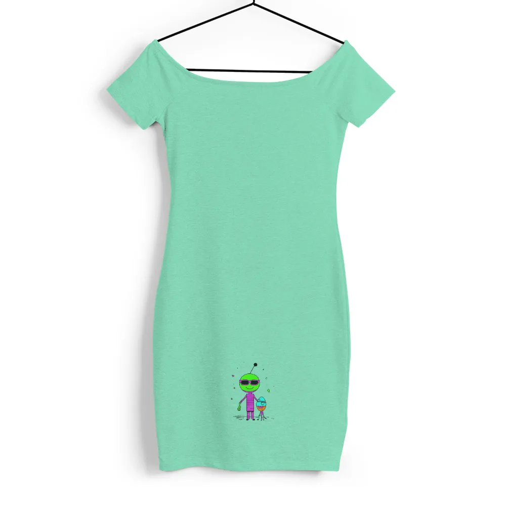 Shirts Graphic Tees: Whimsical Alien Friendship - Neon Adventures|navy blue and neon green shirt