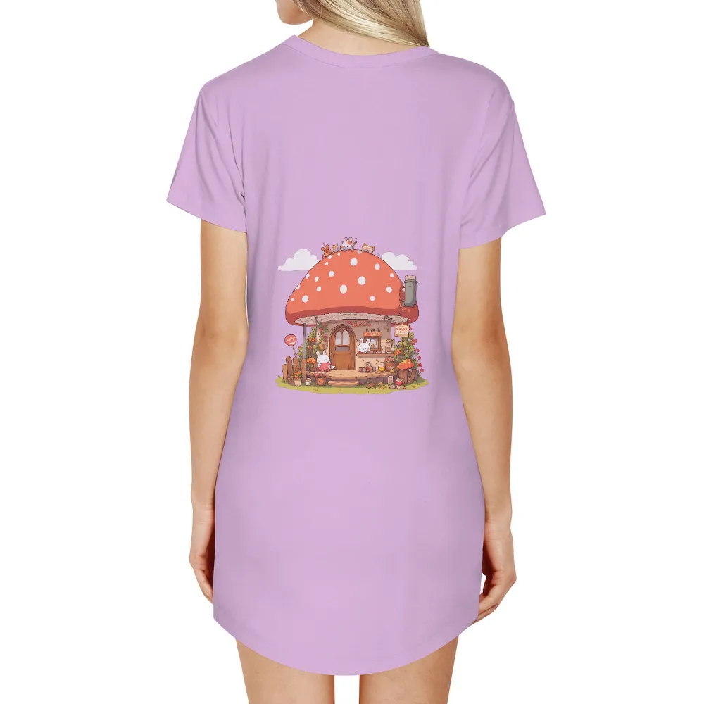 T-Shirts Design: Whimsical Mushroom House Café| lush greenery