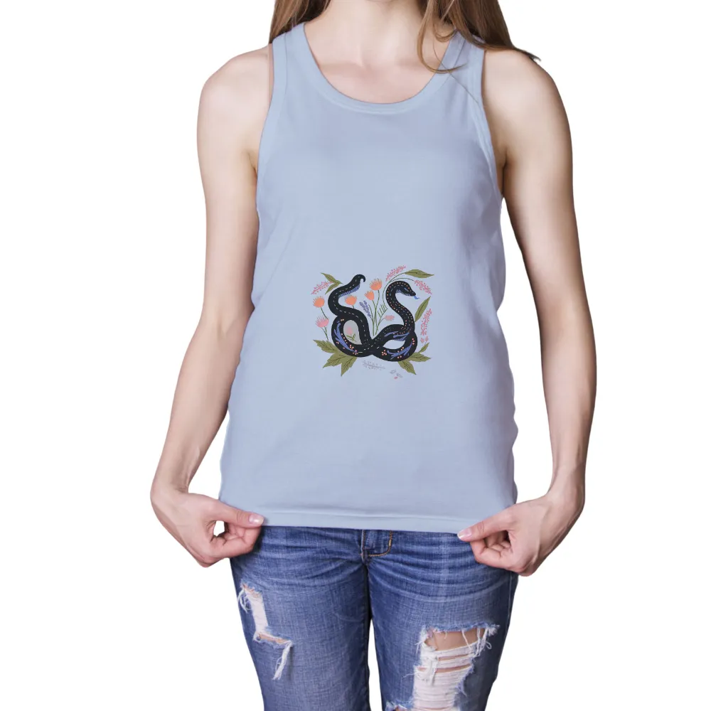 Customized Tee Shirts: Embrace Transformation with Serpent & Floral Art| Symbolic serpentine creature