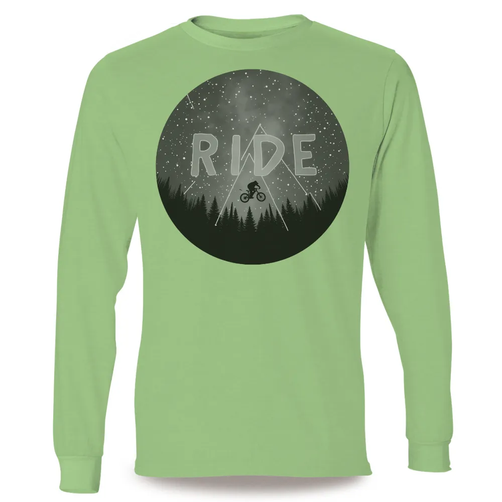 TShirt Design: Night Ride Adventure Under the Stars| bold text 'RIDE'