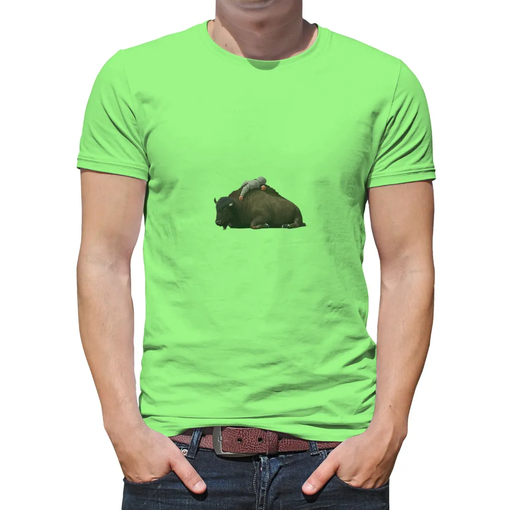 Tee Shirts Printed: Child and Bison - Nature's Harmony| peaceful moment