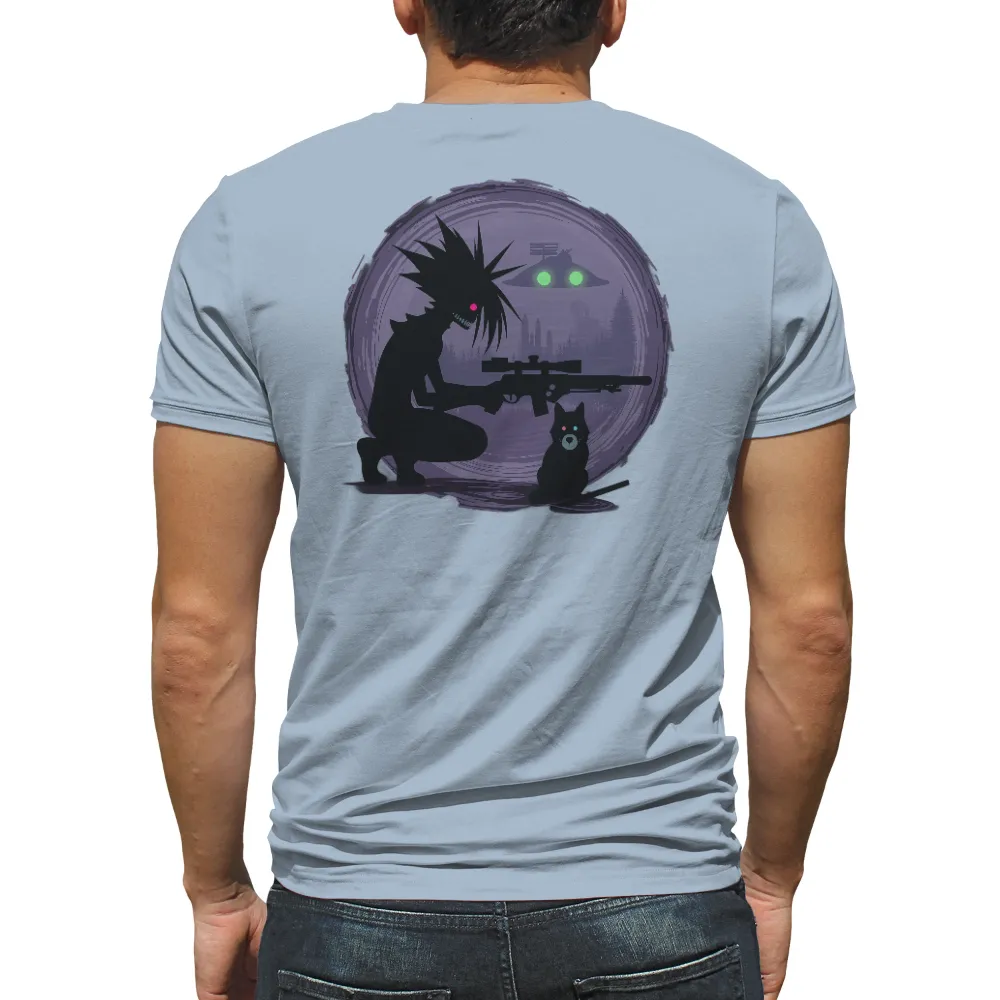 Tee Shirt Printing: Cyberpunk Sentinel with Glowing Cat Companion|doja cat nasa