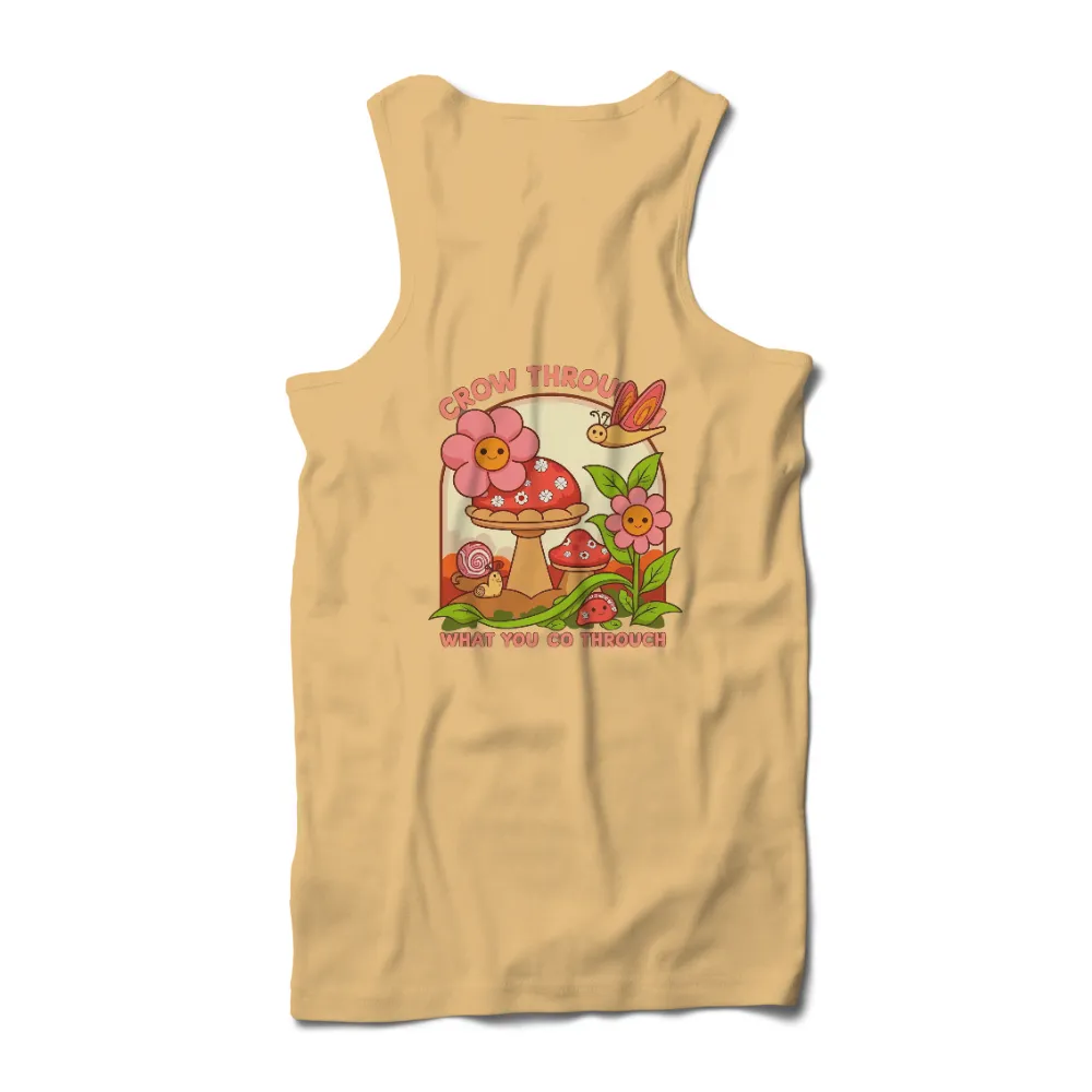 Tee Shirts Printed: Grow Through What You Go Through|Whimsical garden with a red-capped mushroom