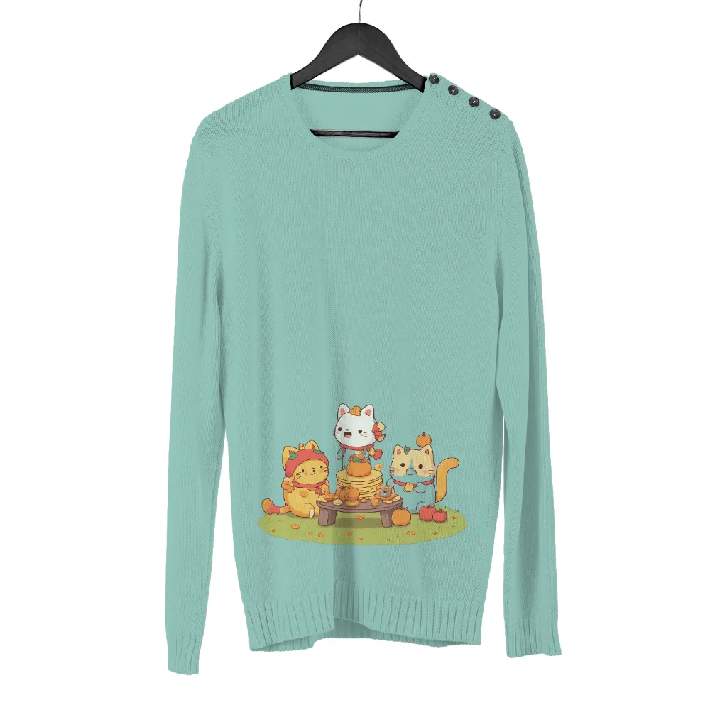 T-Shirt Printing: Autumn Cats Feast | Festive Celebration & Whimsical Design| White cat with pancakes and pumpkins