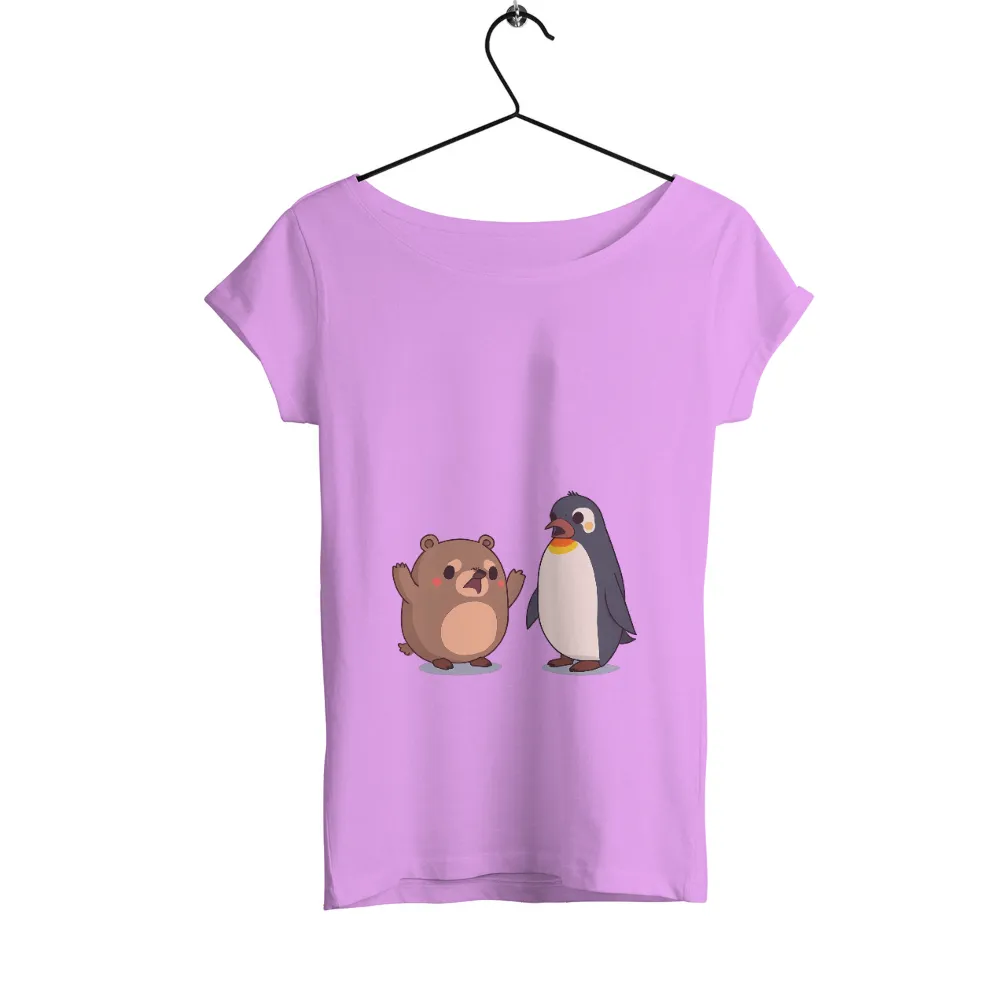 Custom Tee Shirts: Friendship in the Ice - Joyful Bear and Penguin|co couture winter lace blouse