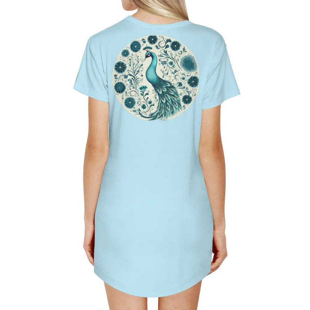 T-Shirts Custom: Majestic Peacock in Teal Garden|the garden vignette camp shirt