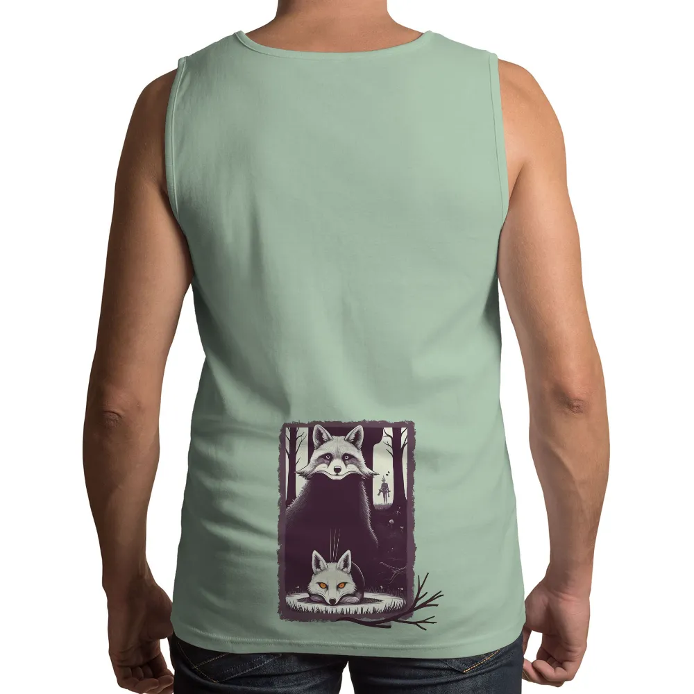 Tee Shirts Printed: Enigmatic Foxes in the Dark Forest| Distant figure on a hill