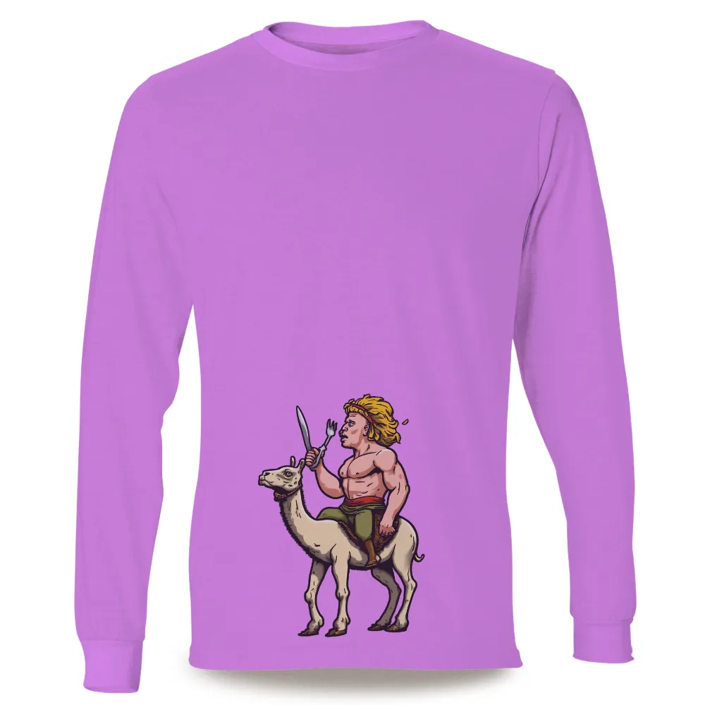 Customized Apparel: Muscular Man on Llama with Knife and Fork - Unique, Humorous Design|vintage 1970 shirt mens