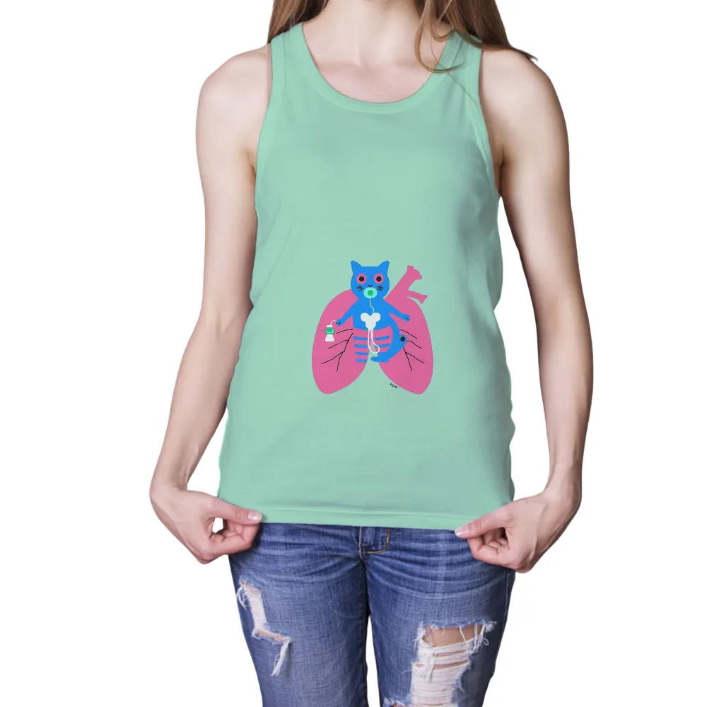 Customized Tee Shirts: Whimsical Cat and Lungs Design for Health Enthusiasts| Blue cat integrated into human lungs