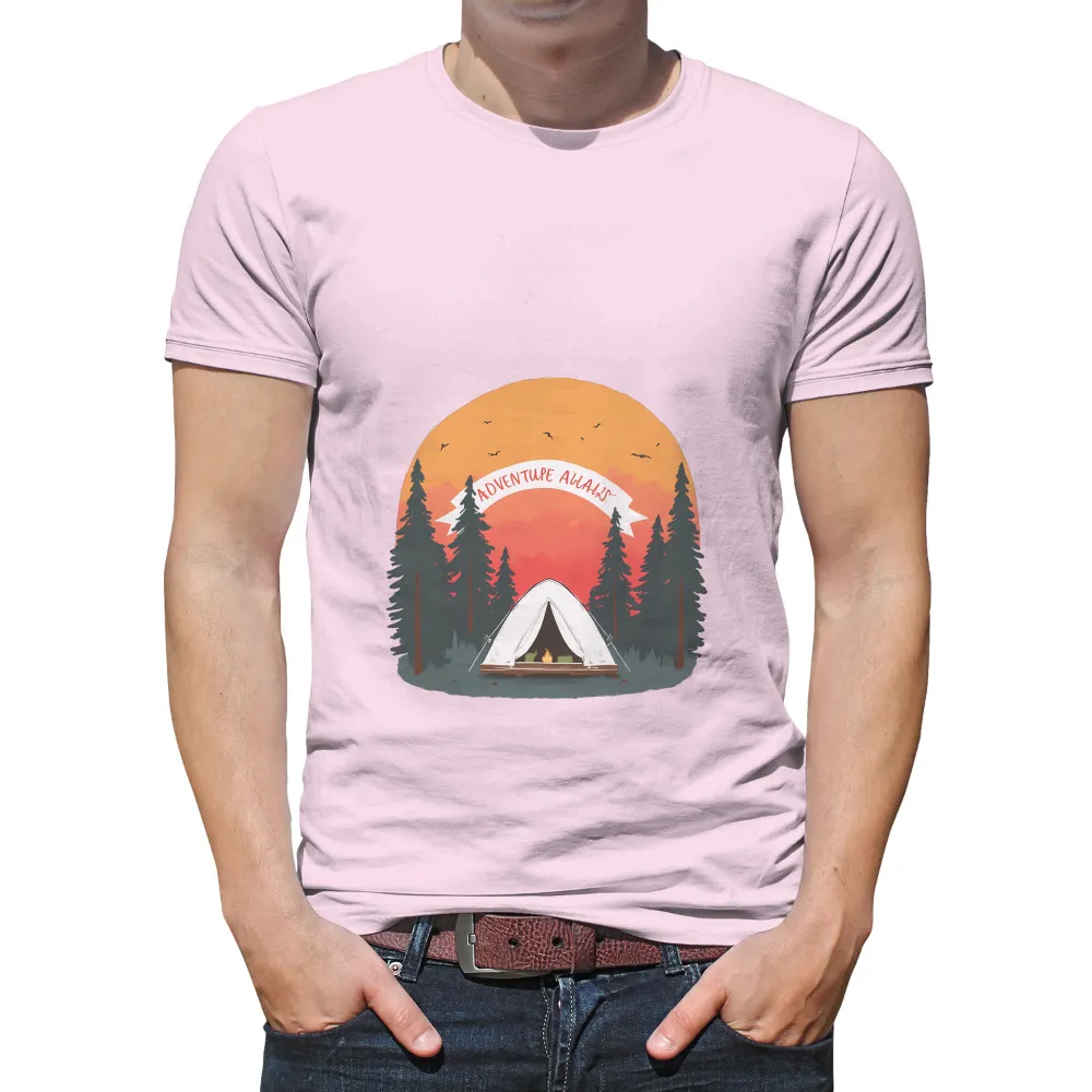 Tee Shirts Printed: Adventure Awaits - Camping Under the Stars|camping slogan t shirts