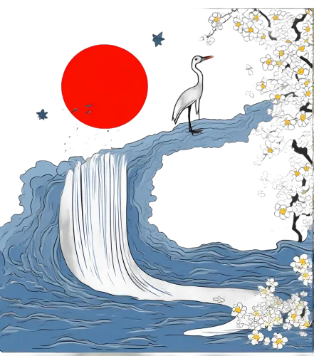 Tee Shirt Printing: Crane on Wave Under Red Moon