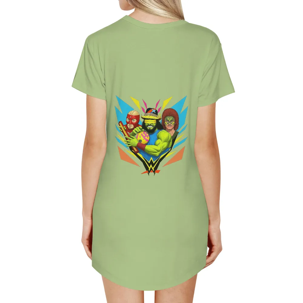 T-Shirts Pattern: Legendary Wrestling Trio|Muscular wrestler with green complexion and yellow visor