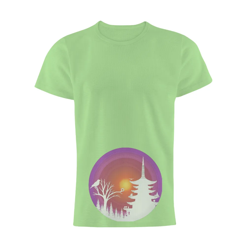 T-Shirt Printing: Serene Pagoda Sunset - Artistic Design| gradient background