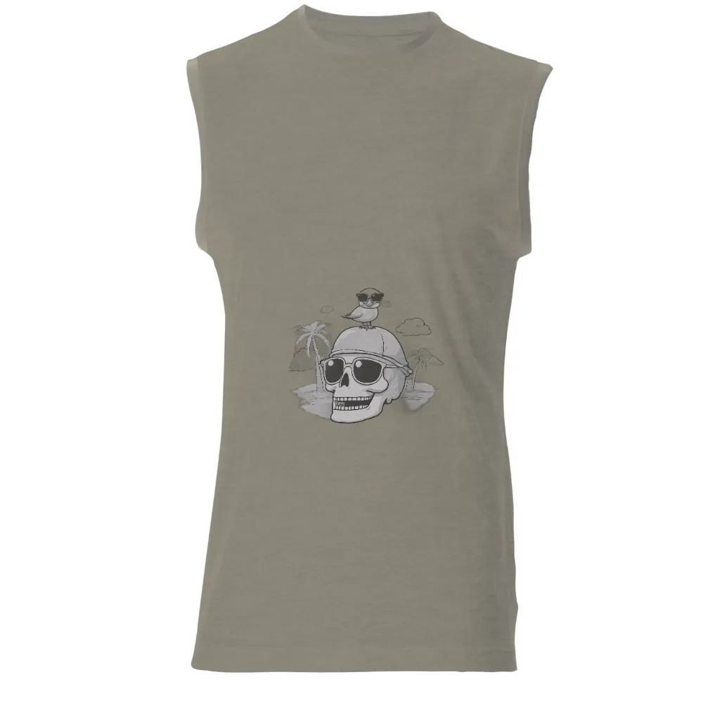 TShirt Design: Whimsical Skull with Sunglasses and Bird| Tropical paradise