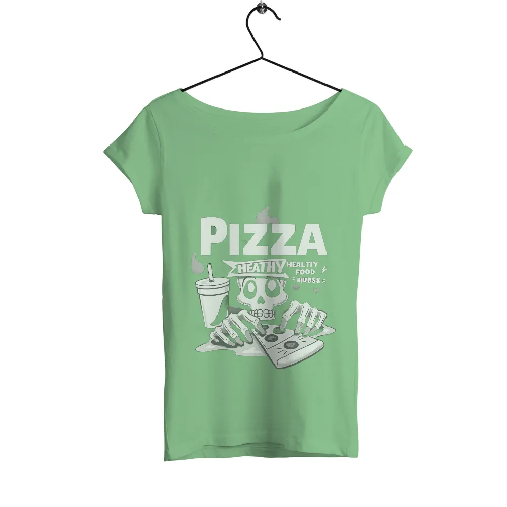 Tee Shirts Printed: Skeleton Pizza Love - Funny Food Tees| Soda cup next to skeleton