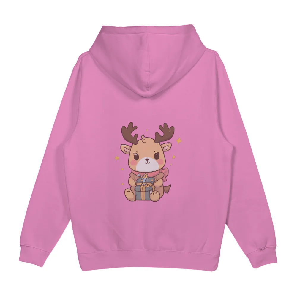 TShirt Design: Festive Reindeer with Gift Box| Adorable reindeer in a pink scarf