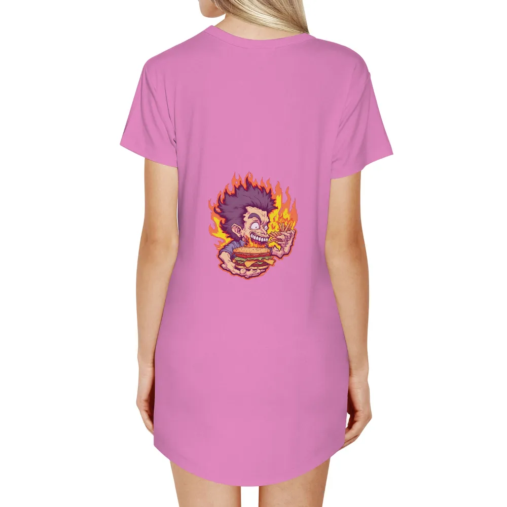 Customized Tee Shirts: Reckless Fun with Flames and Burger| Character holding a huge burger