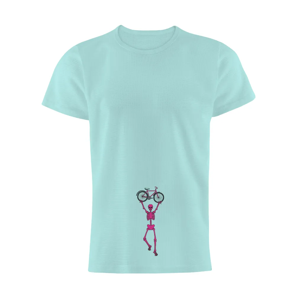 Customized Tee Shirts: Neon Pink Skeleton Celebrating Freedom| skeleton with bicycle