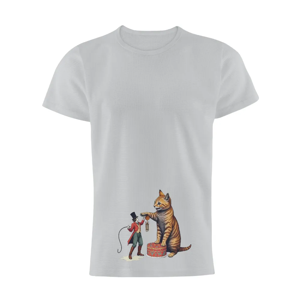 Custom Tee Shirts: Circus Magic with Ringmaster and Cat| Large orange-striped cat