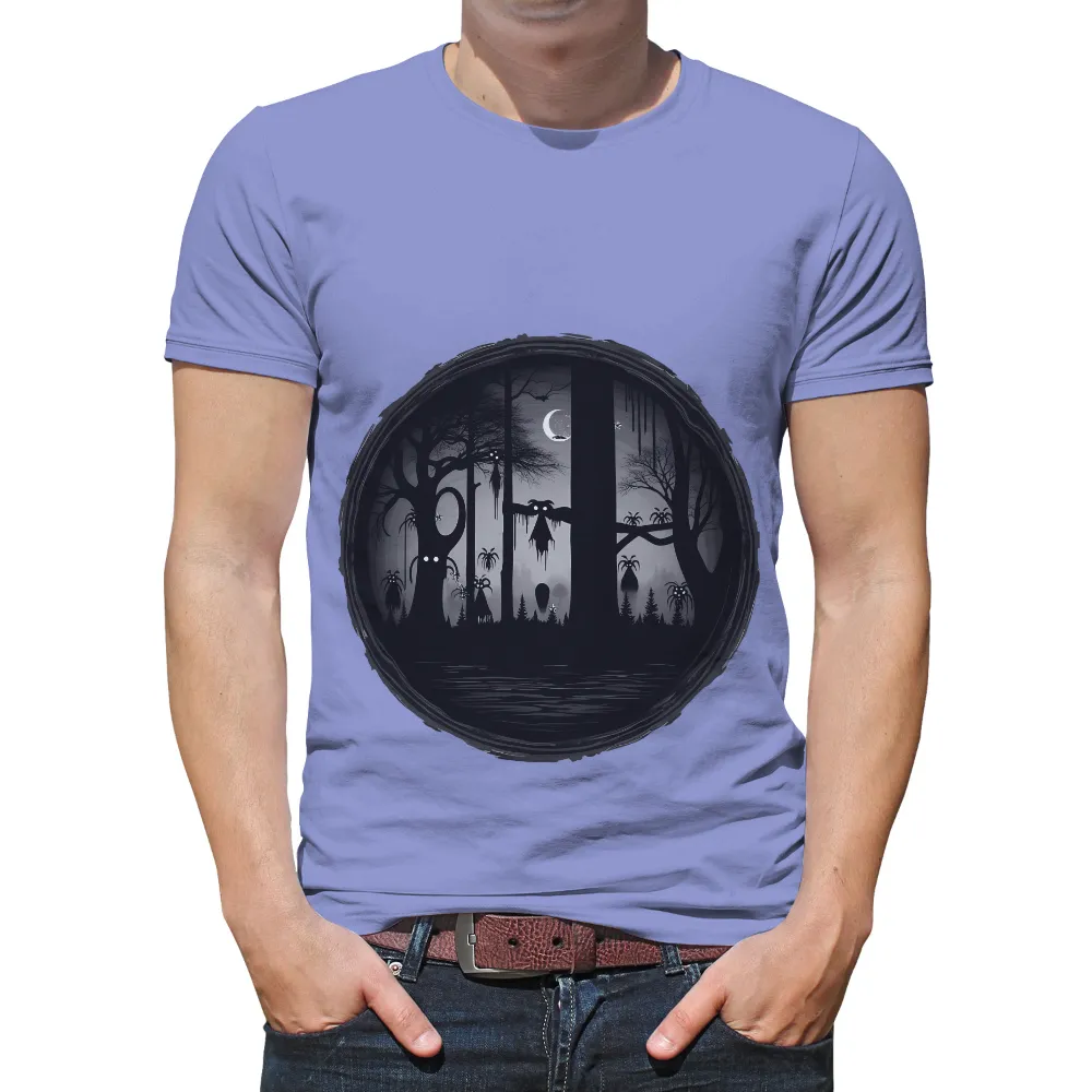 T-Shirts Custom: Haunted Forest Night Scene with Ghostly Figure| Twisted trees with glowing eyes