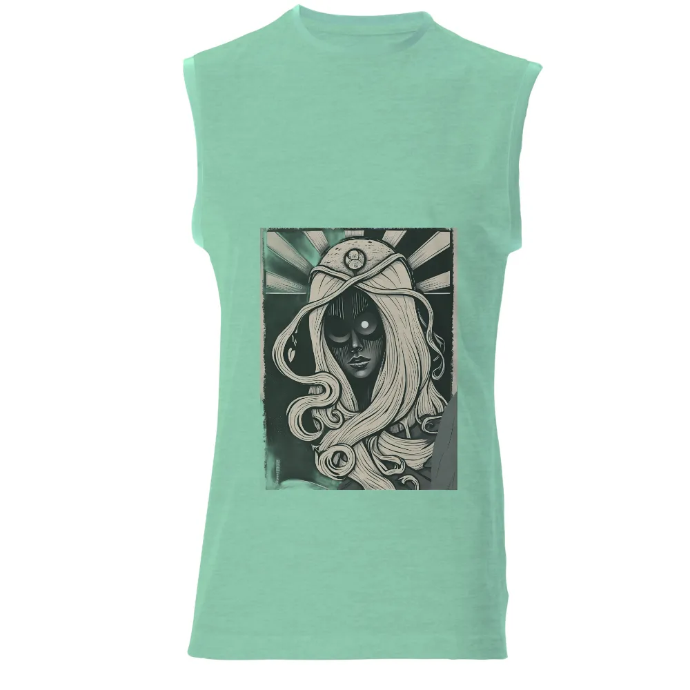 Customized Tee Shirts: Enigmatic Goddess in Modern Mythology| Bold lines and dramatic shading