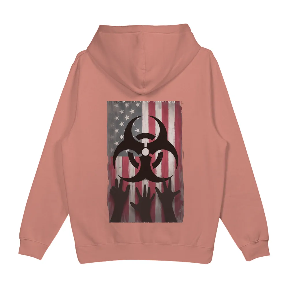 TShirt Design: Biohazard Symbol on Distressed American Flag| reaching hands